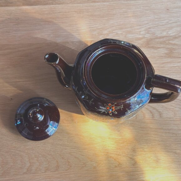 Moriage Style Ceramic Redware Teapot, Brown Flora, Vintage Pre-War Japan - Picture 10 of 16